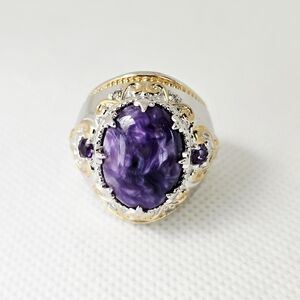 Genuine Charoite & Amethyst Ring Palladium Sterling Silver 18k YG Size 6.5!
